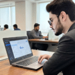 Young professional in a charcoal suit and sunglasses working on a laptop in a modern, sunlit office.