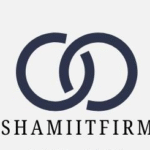 A minimalist logo for Shami IT Firm featuring two interlocking dark navy circles above the brand name in clean, serif typography.