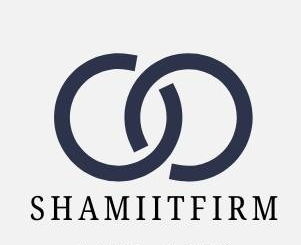A minimalist logo for Shami IT Firm featuring two interlocking dark navy circles above the brand name in clean, serif typography.