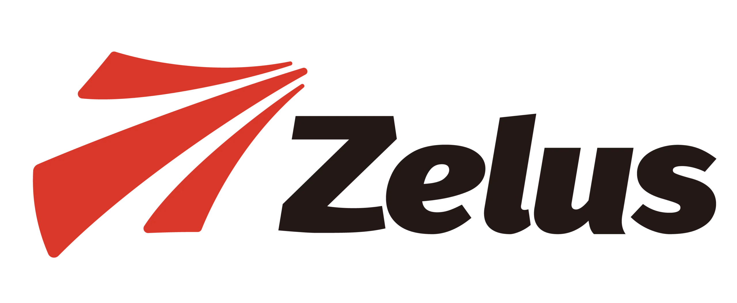 Bold black Zelus lettering next to a sharp red swoosh icon on a plain white background.