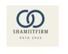 A professional logo for Shami IT Firm. It shows two dark blue rings linked together, positioned above the company name in a clean, serif font. Below that, it reads "ESTD 2023" against a soft, off-white background.