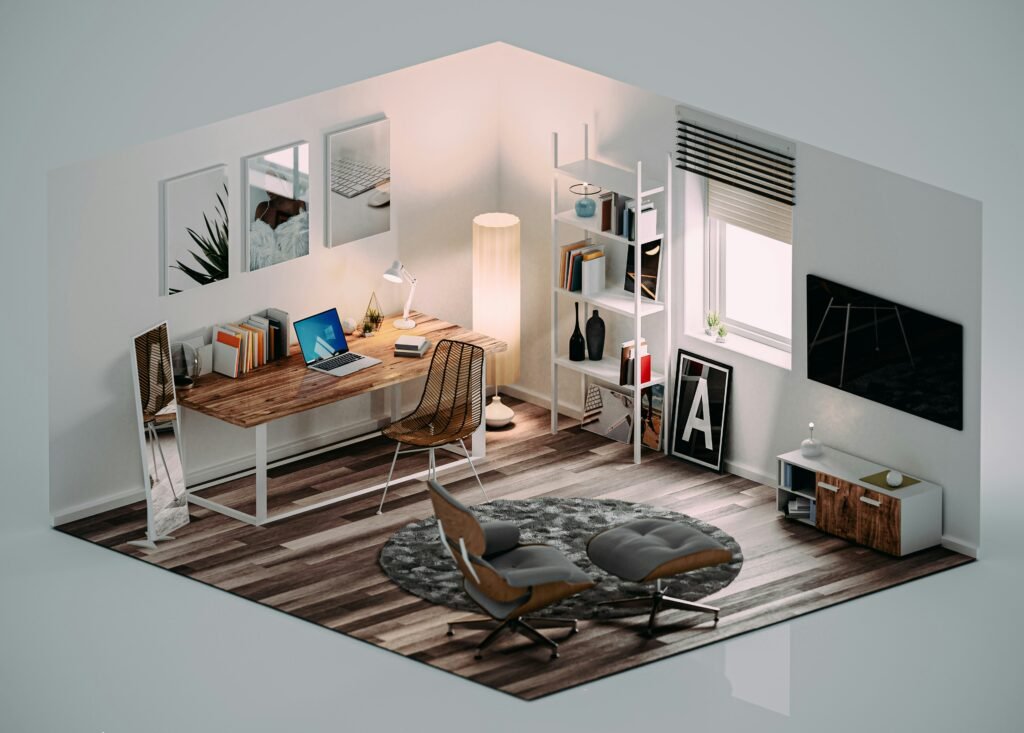 Best Marketing Strategies for Home Design Software Companies Free 3D home design software showing modern home office interior layout with furniture and lighting