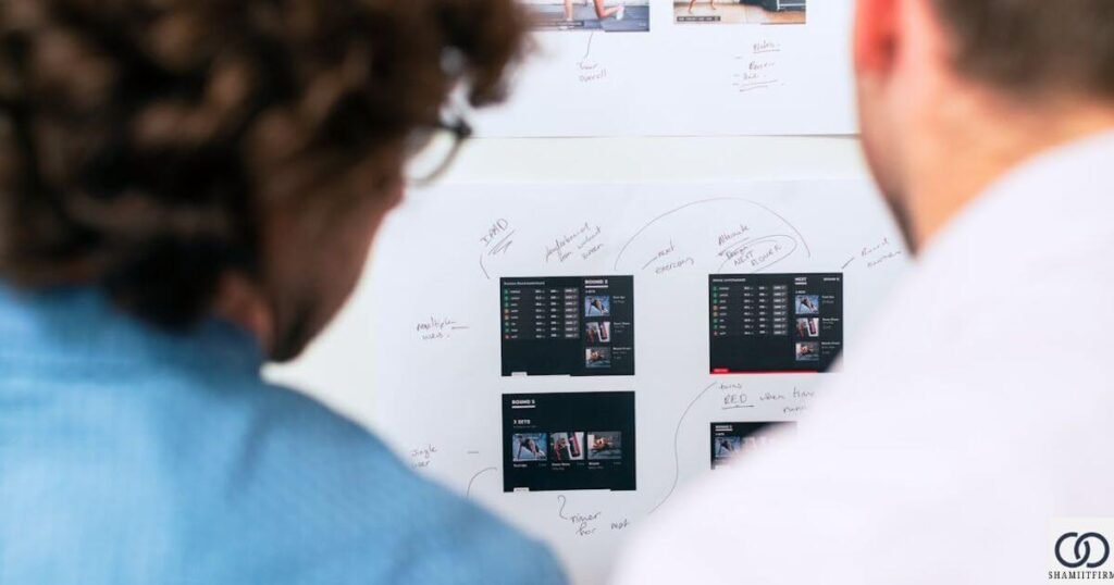 SEO-Friendly Web Design: How UX Affects Your Rankings in 2026 Two web designers reviewing UX wireframes and SEO-friendly website layouts on a whiteboard