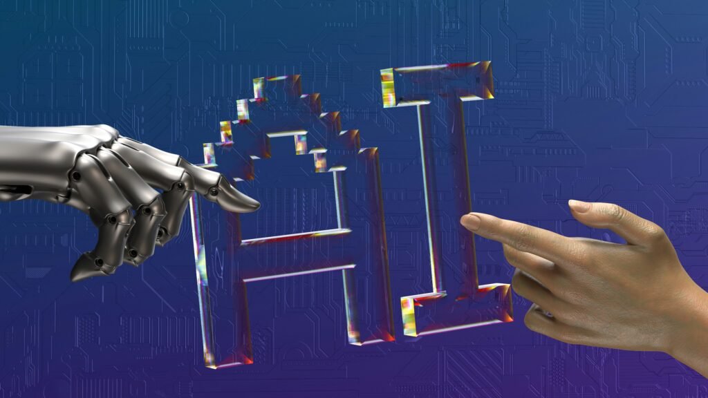 Robotic hand and human hand reaching toward glowing AI letters, representing how businesses must optimize website for AI search in 2026